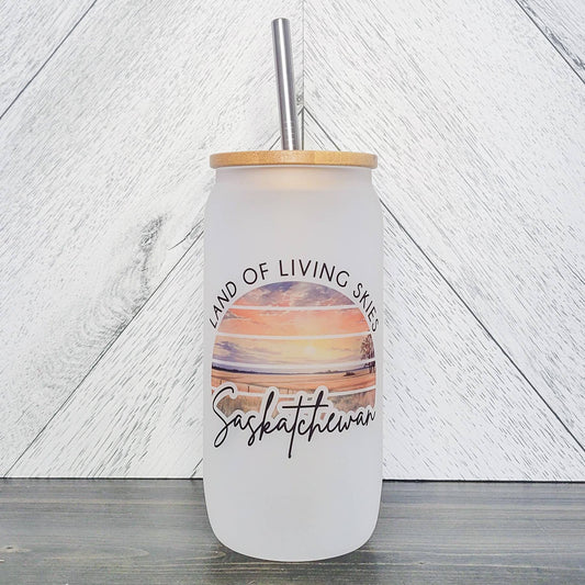 Land Of living Skies SUNSET Frosted Glass Can W Bamboo Lid