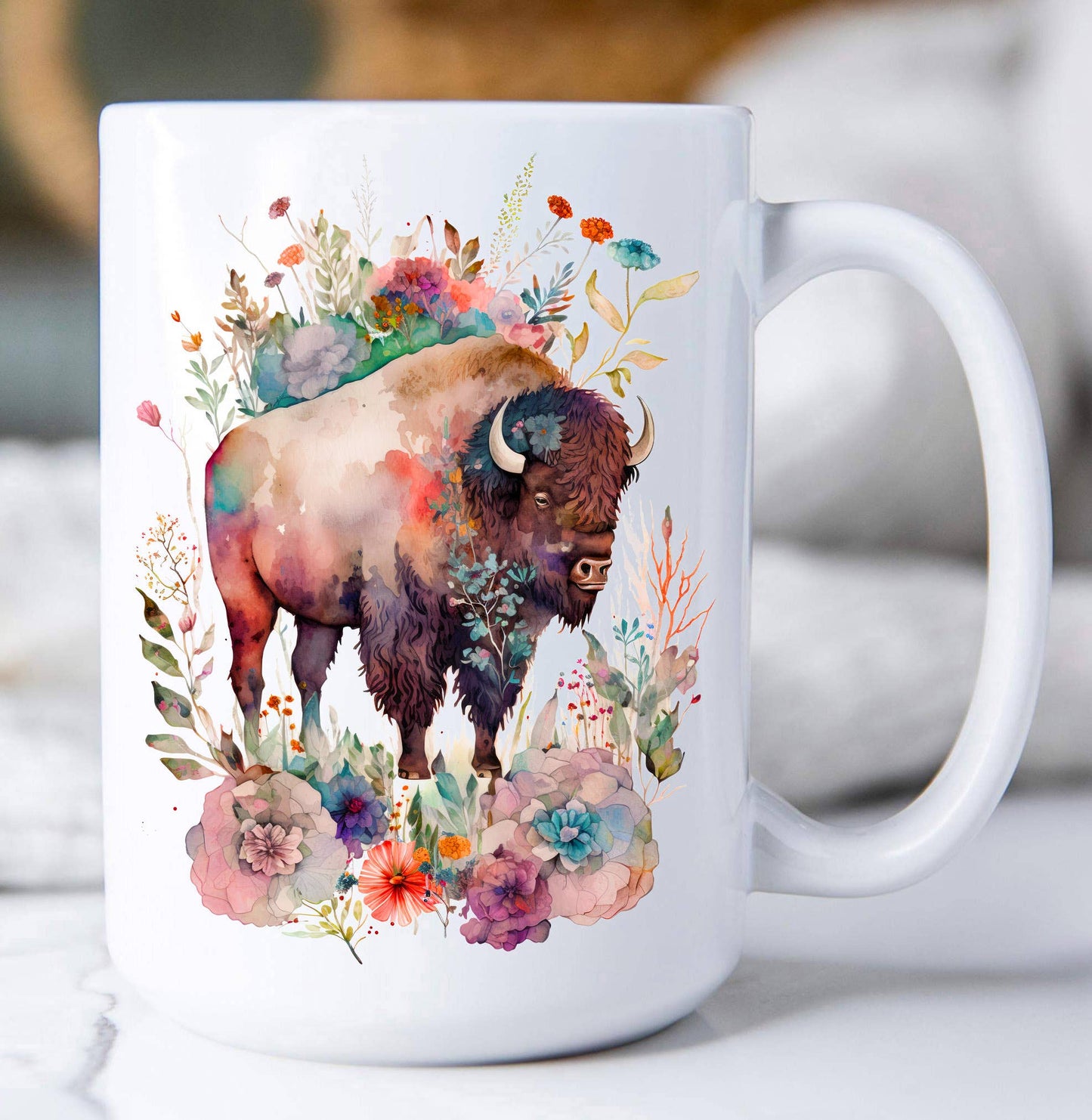 Western Buffalo Colorful Flowers Coffee Mug