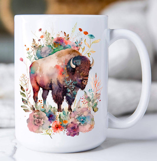 Western Buffalo Colorful Flowers Coffee Mug