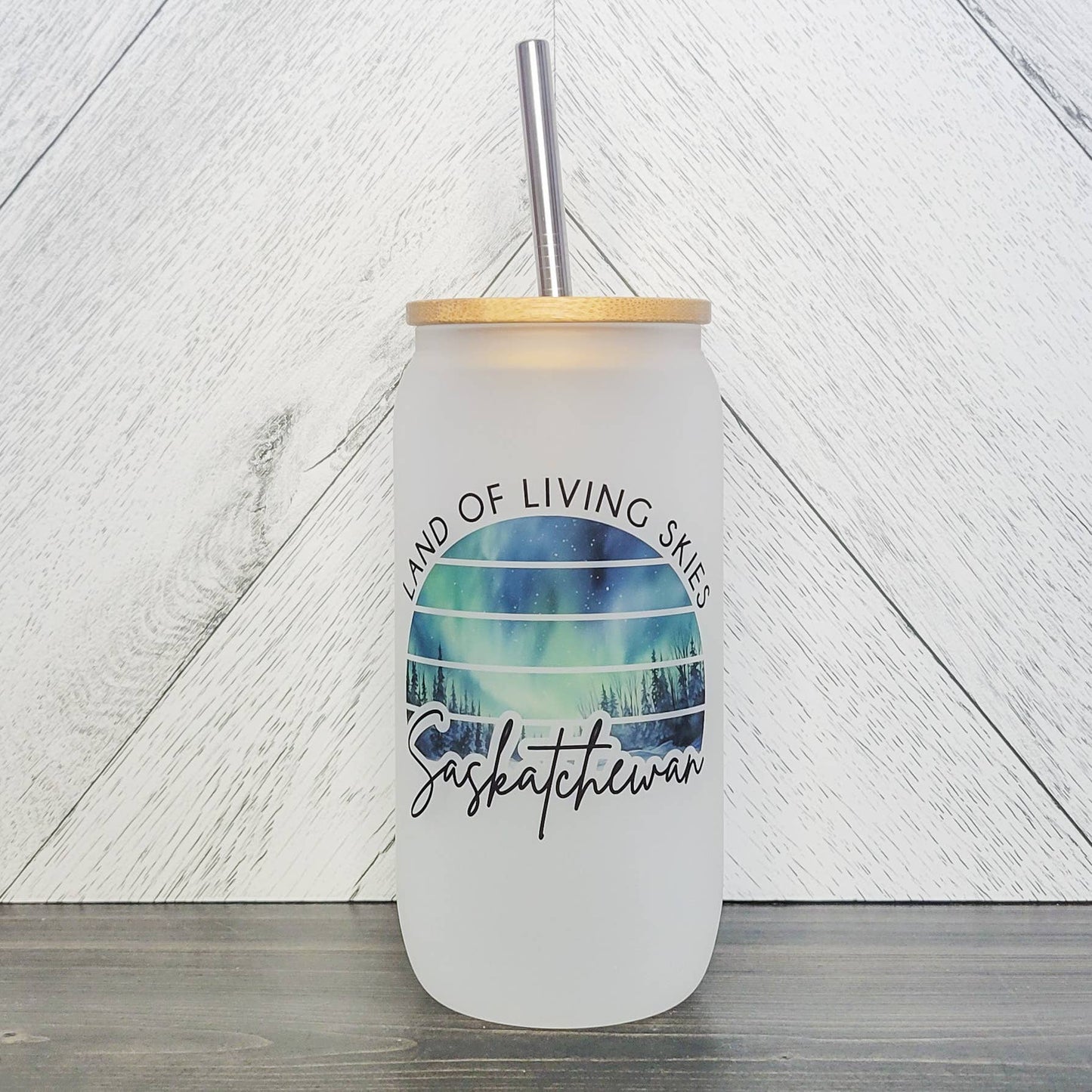Land Of living Skies LIGHTS Frosted Glass Can W Bamboo Lid