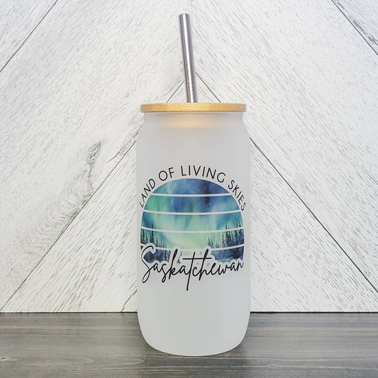 Land Of living Skies LIGHTS Frosted Glass Can W Bamboo Lid