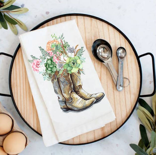Western Cowboy Boots Succulent Southwestern Cotton Tea Towel